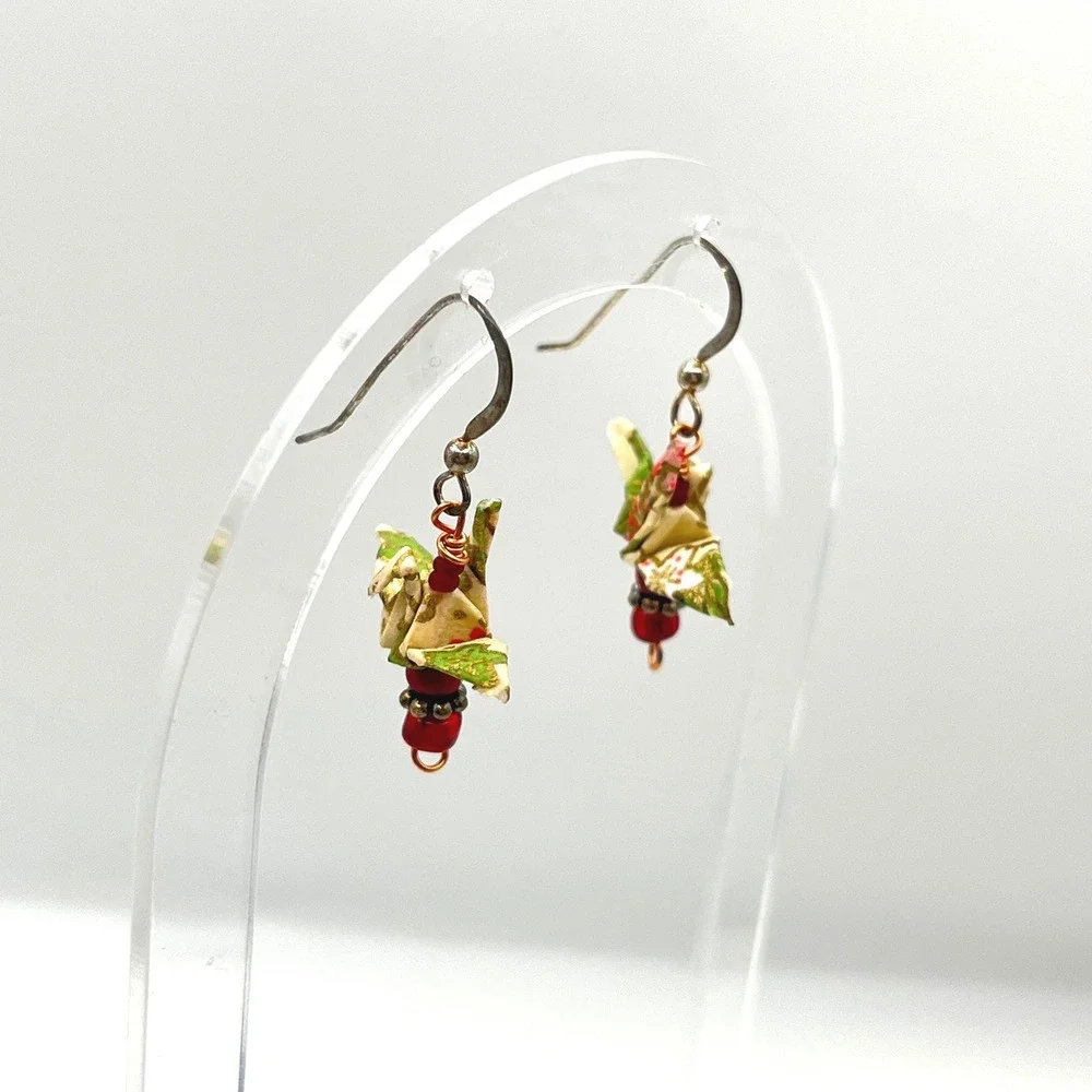 Origami Crane Paper Drop Earrings Sterling Silver Hooks‎ Green Floral Red Beads