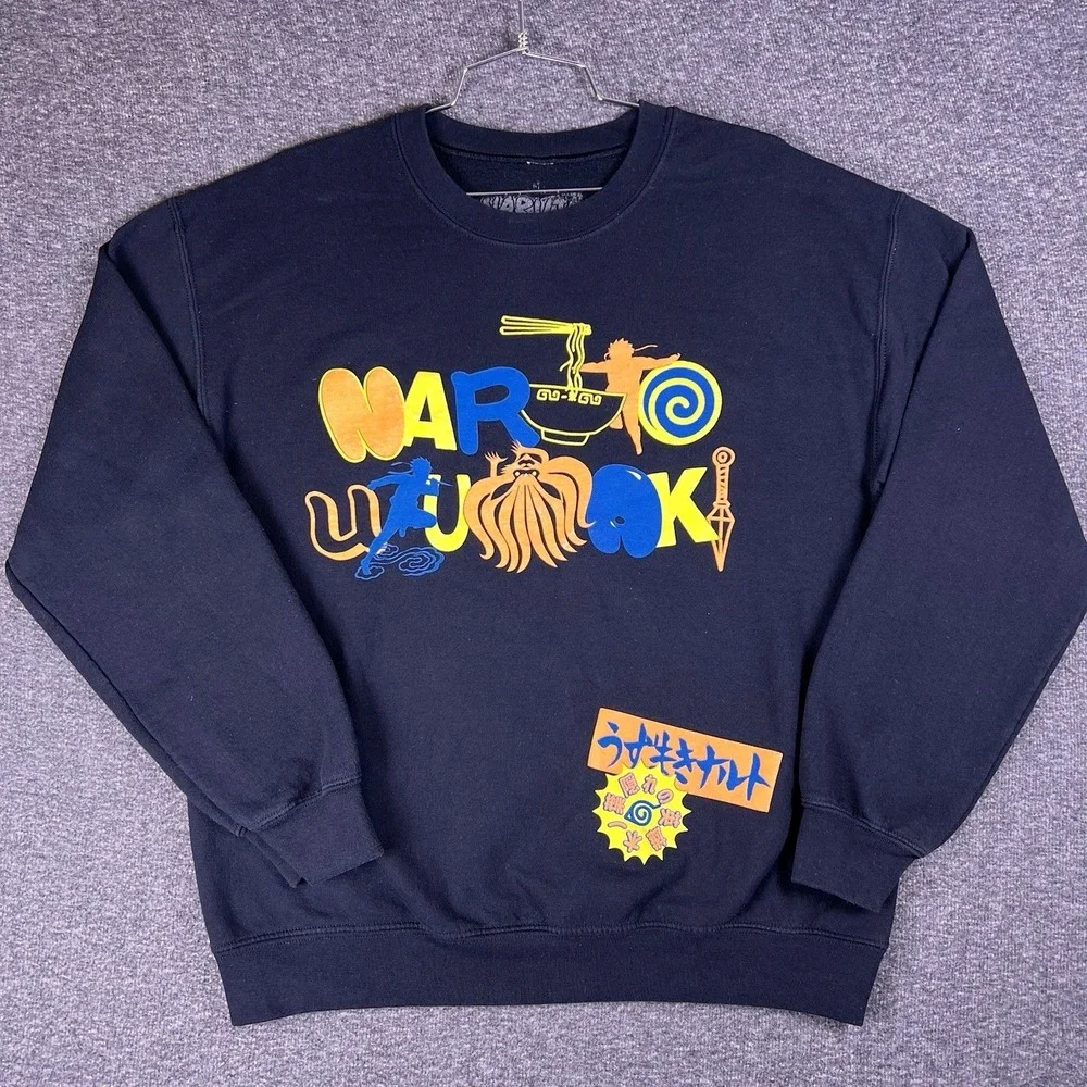 Y2k Naruto Shippuden Sweater‎ Mens L Black Graphic Retro Anime Pullover Uzumaki