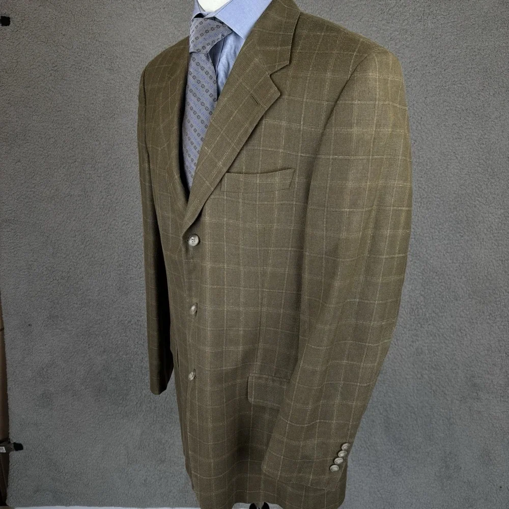 Nordstrom Blazer Mens 42L Olive‎ Windowpane E Thomas Silk Wool Linen Sport Coat
