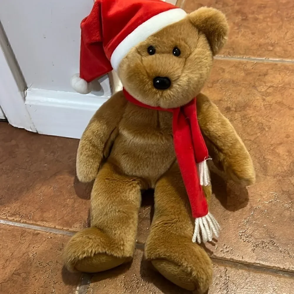 TY BEANIE BUDDY‎ 2001 Holiday Santa Hat & Scarf Teddy Bear Plush Bean Bag