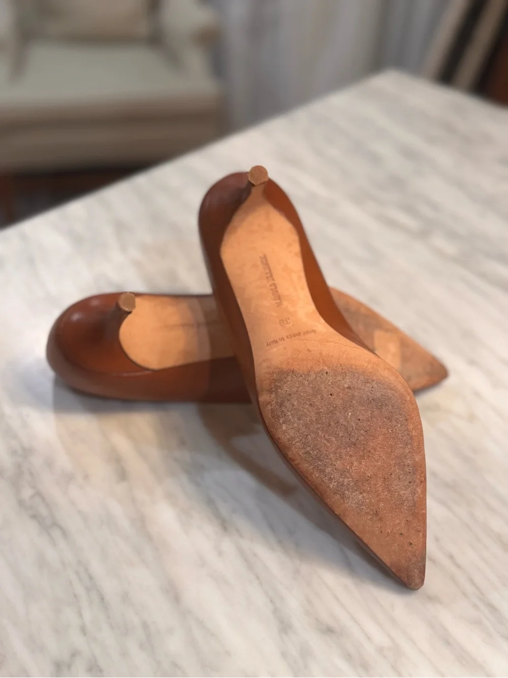 Manolo Blahnik BB 50mm Pointed-Toe Leather Low Heels Cognac