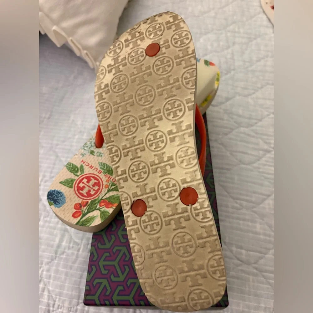 Tory Burch Floral Print Flip Flops with Orange Straps