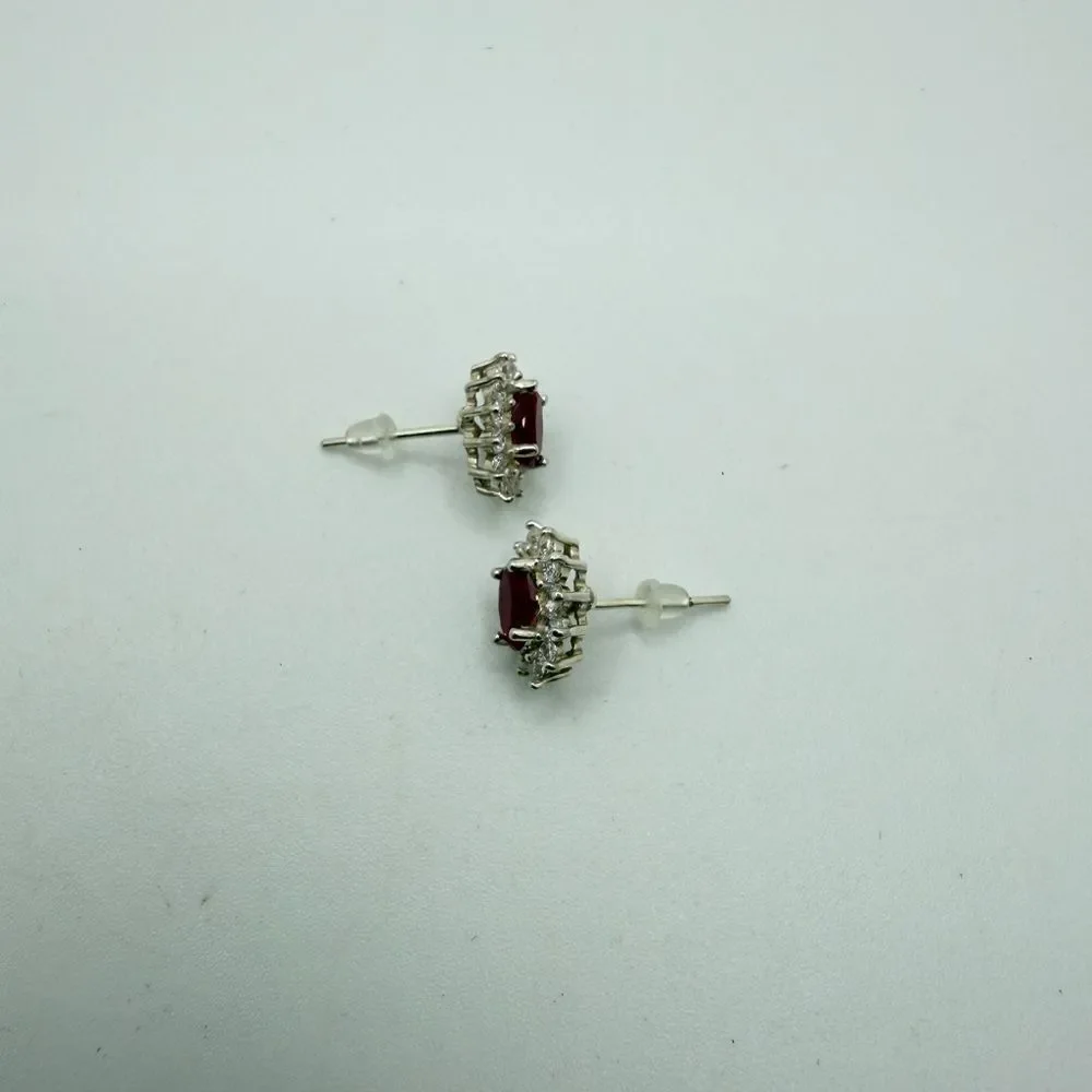 NWOT 5x7mm oval cut RUBIES w/ halo of cz‎ diamond stud earrings in 925!