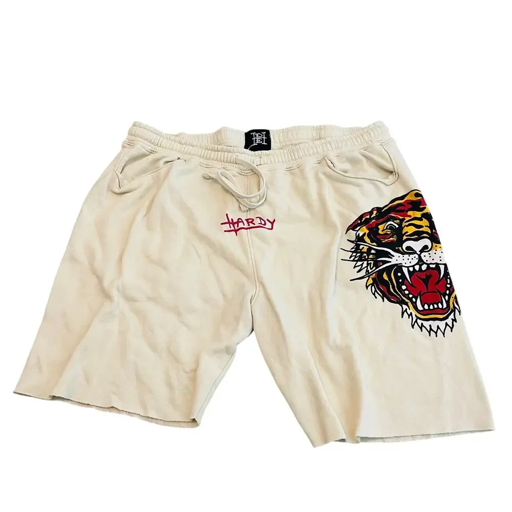 Ed Hardy Retro Tiger Fleece Sweat Shorts Off-White Cream Mens Size XL