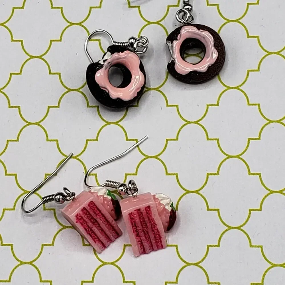 handmade Strawberry layered cake & chocolate donut‎ sweet treat earring set