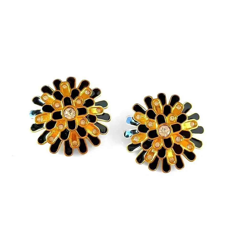 Vintage Swarovski Gold Enamel Crystal Sunburst Earrings