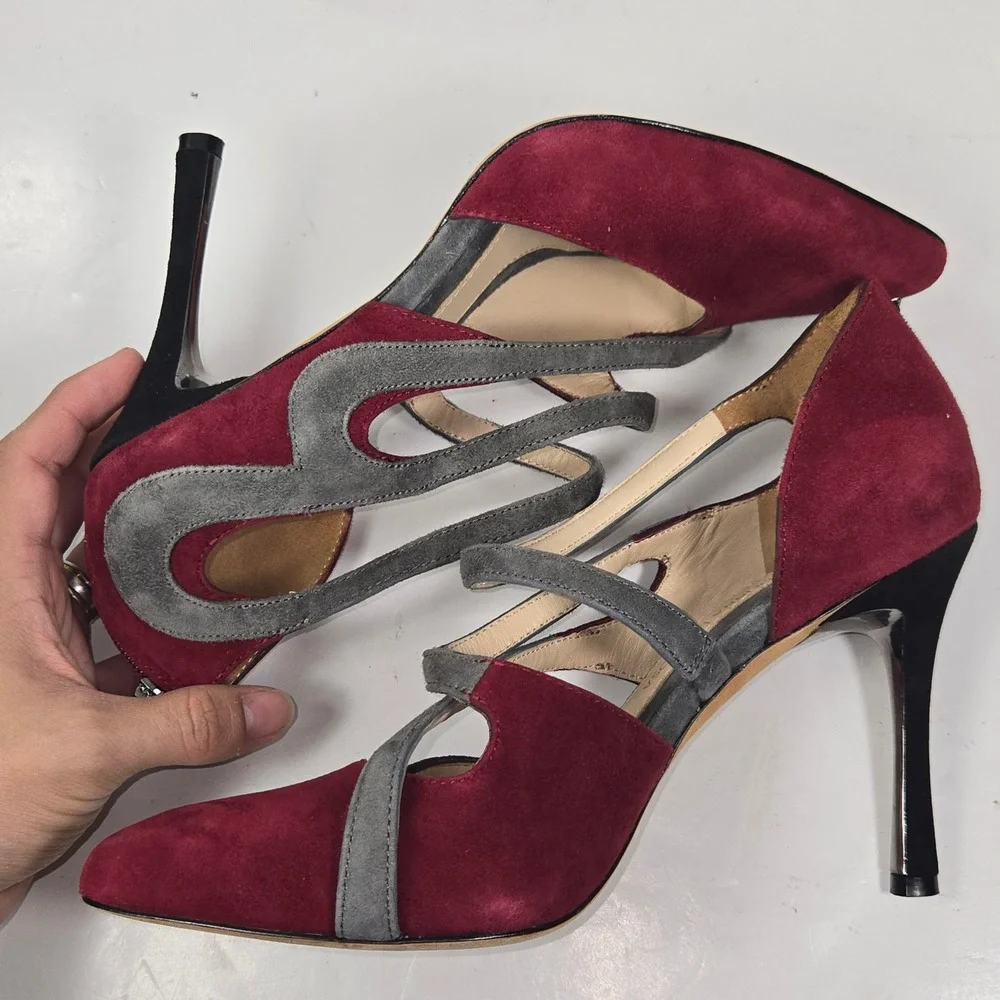 Carolinna Espinosa Pumps Womens 7.5 Burgundy‎ Suede Colorblock Strappy Heel