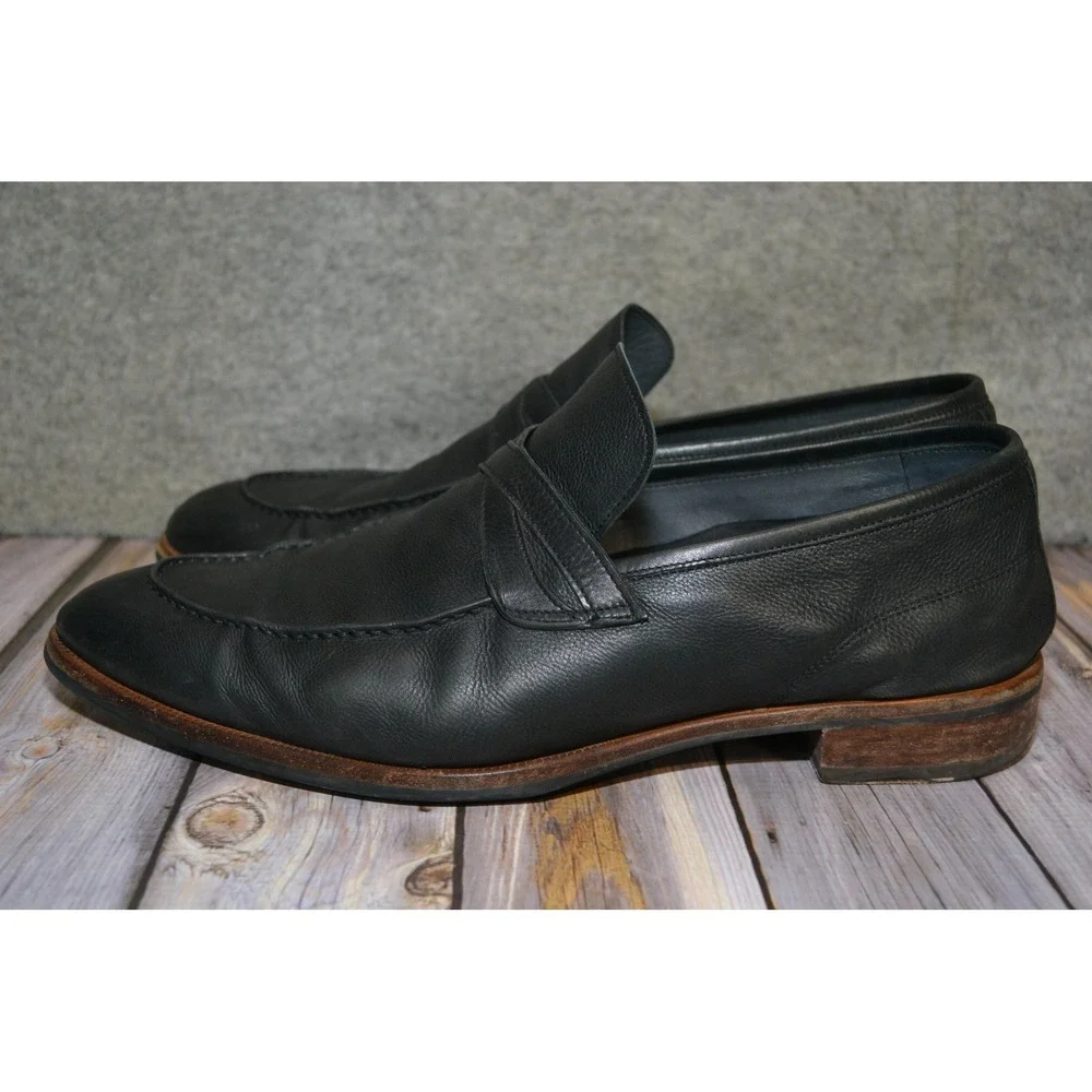 Di Bianco Shoes Mens 10 Black‎ Leather Slip On Dress Rubber Sole Loafers - Italy