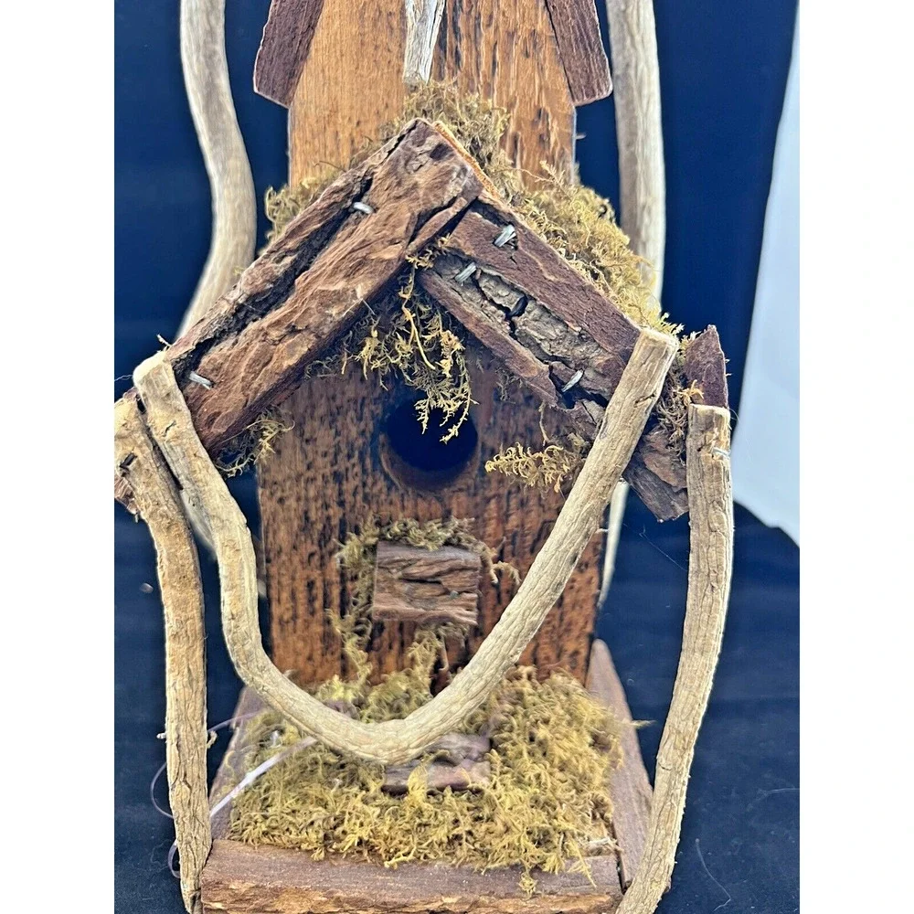 Vintage Rustic Primitive Natural Wood &Decorative‎ Bird House Church Moss