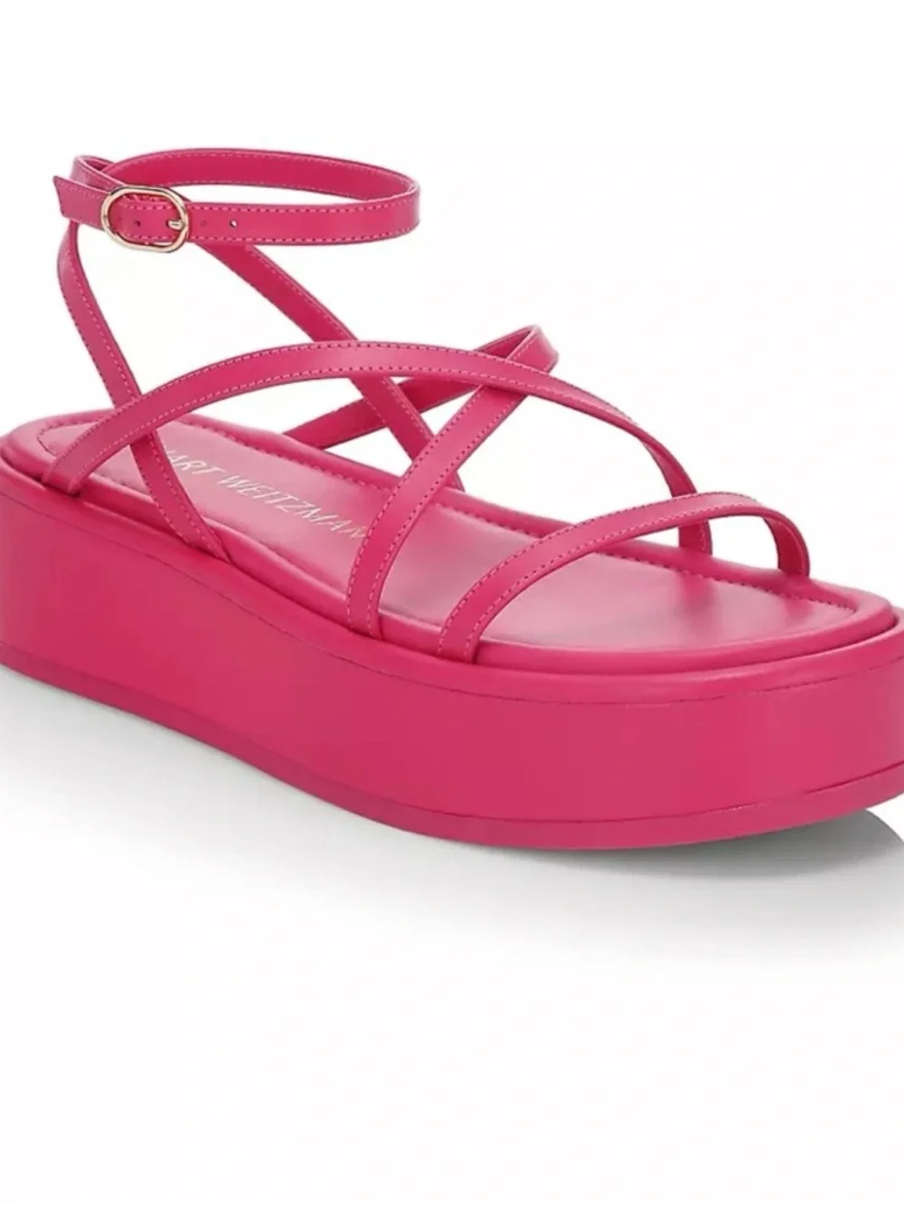Stuart Weitzman Hot Pink Strappy Platform Sandals gold metal buckles