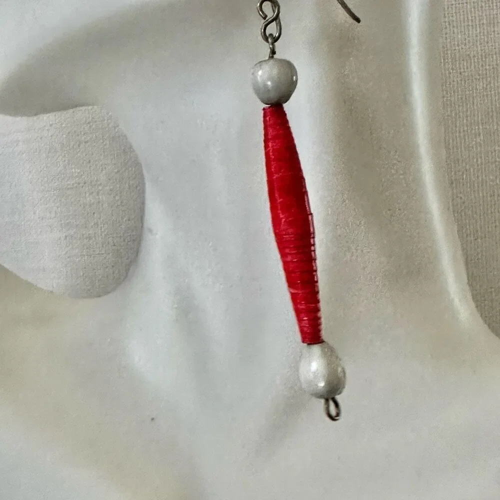 red white paper seed beaded earrings red paper