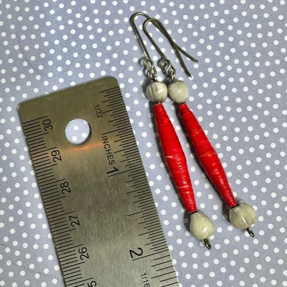 red white paper seed beaded earrings red paper