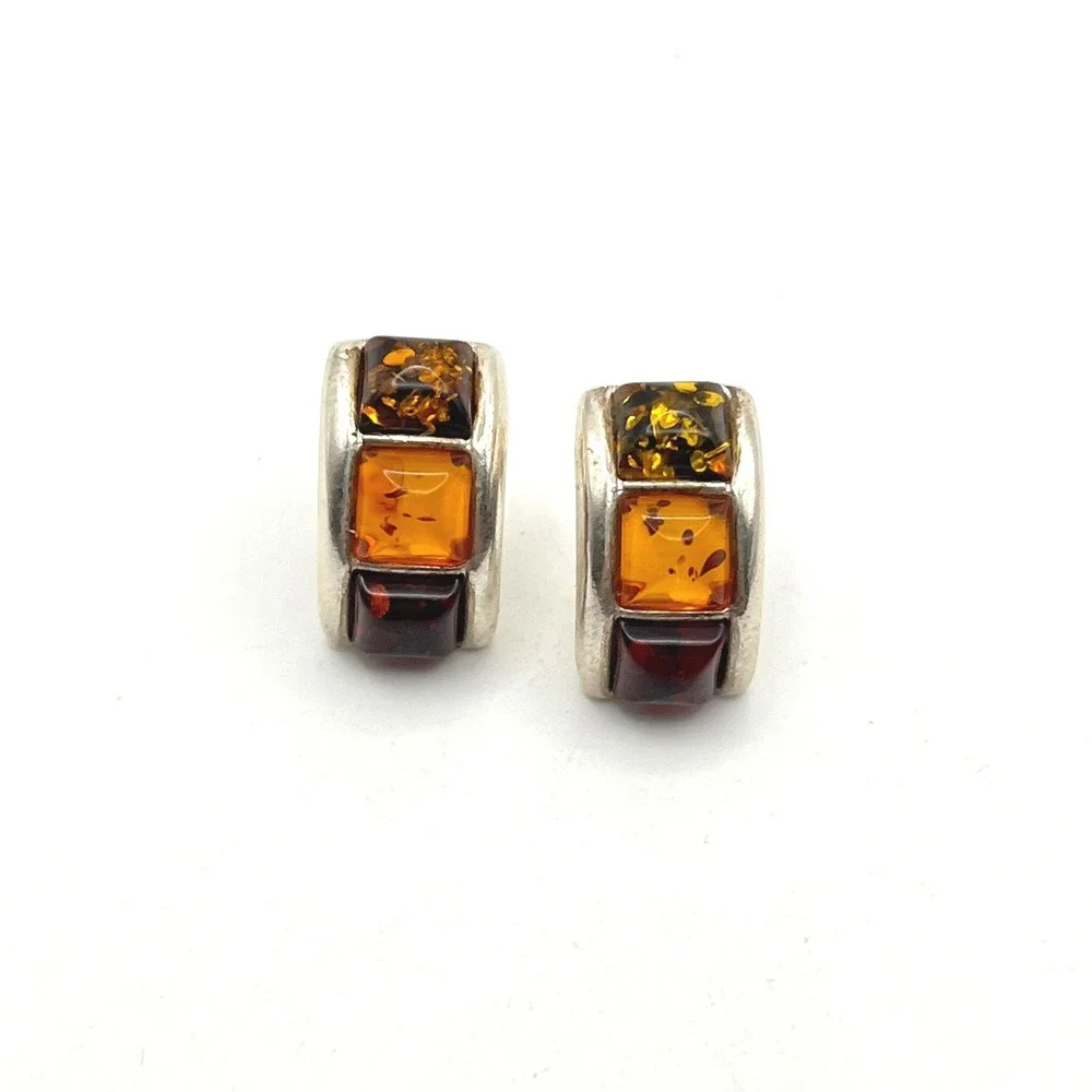 Sterling Silver‎ Baltic Amber J-Hoop Post Earrings Made in Poland Multi Color