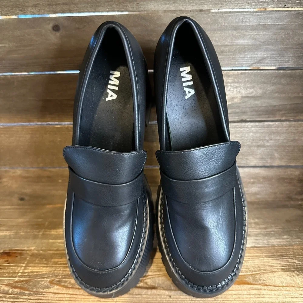 New Womens Mia Dalilah Black Faux Leather Platform Heeled Penny Loafers Size 9 M