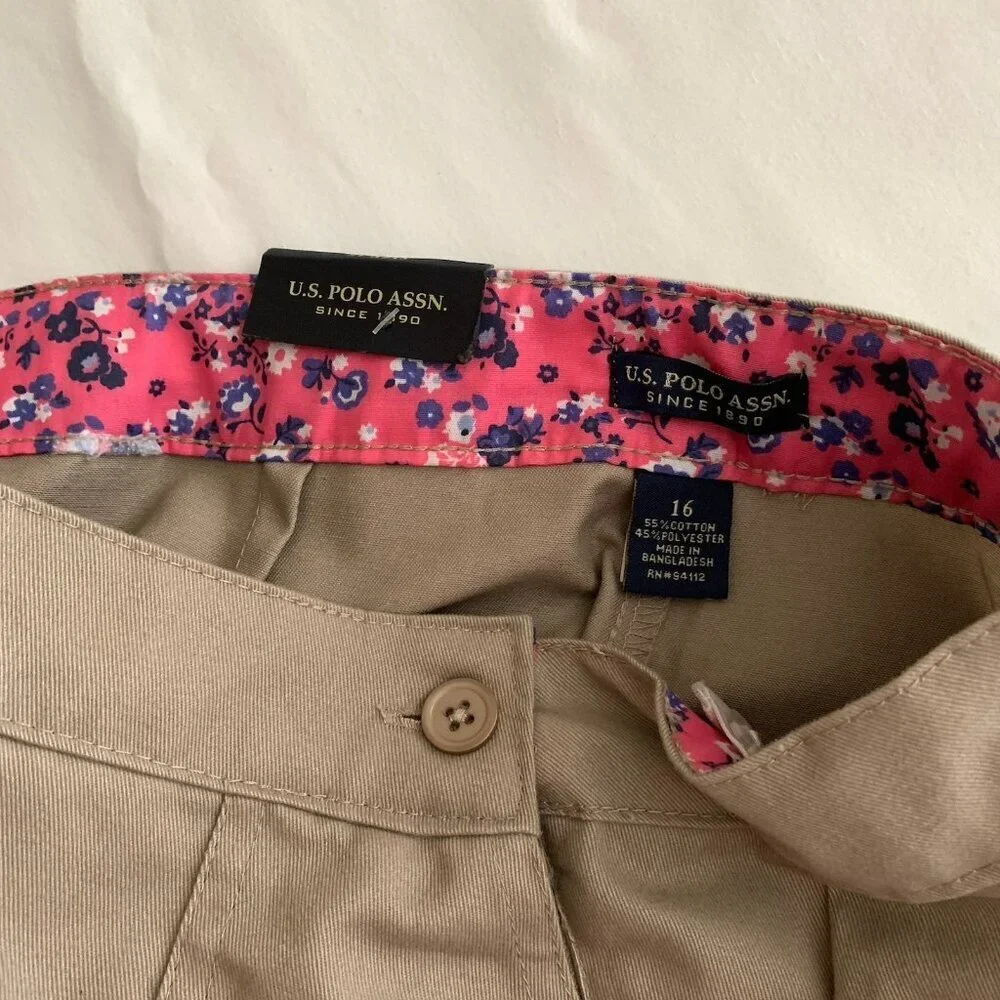 U.S Polo Assn Uniform Shorts Tan Khaki Girls Size 16 Adjustable Waist NWT