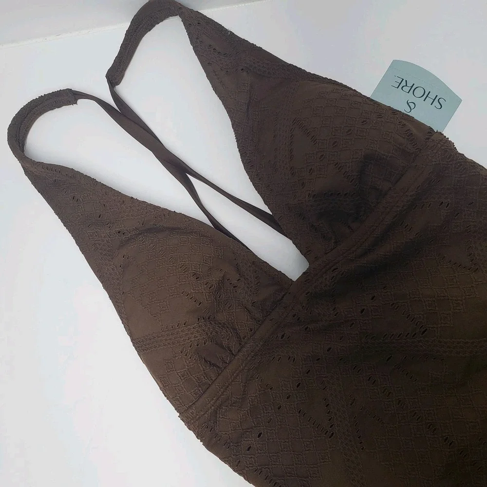 Shade & Shore One Piece Swimsuit Womens‎ S 4-6 Brown Eyelet Lace Up Back