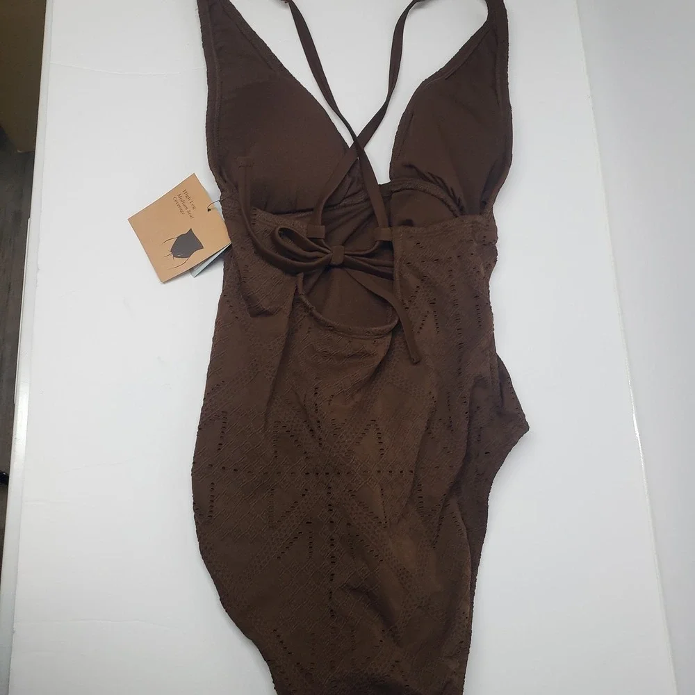 Shade & Shore One Piece Swimsuit Womens‎ S 4-6 Brown Eyelet Lace Up Back