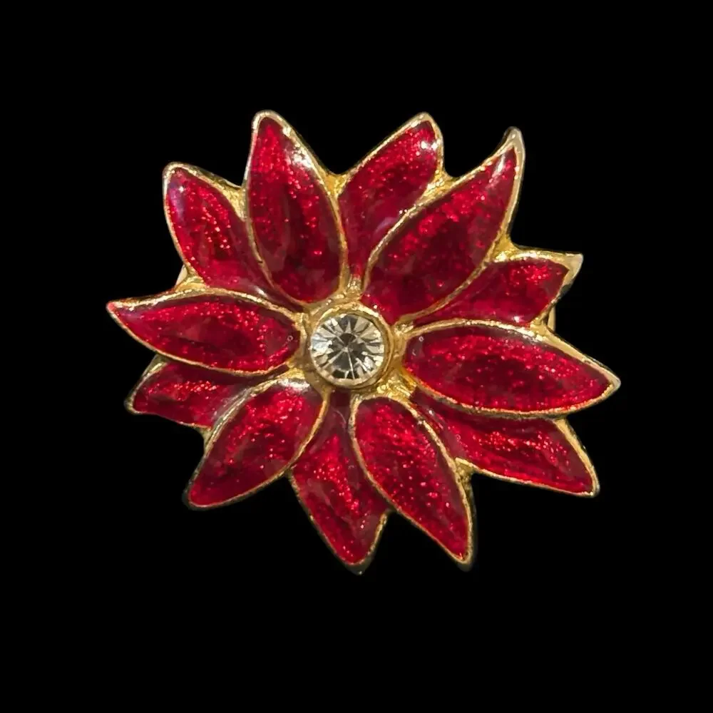 Vintage Red Enamel Poinsettia Flower Clip On Earrings Gold Tone CZ Christmas