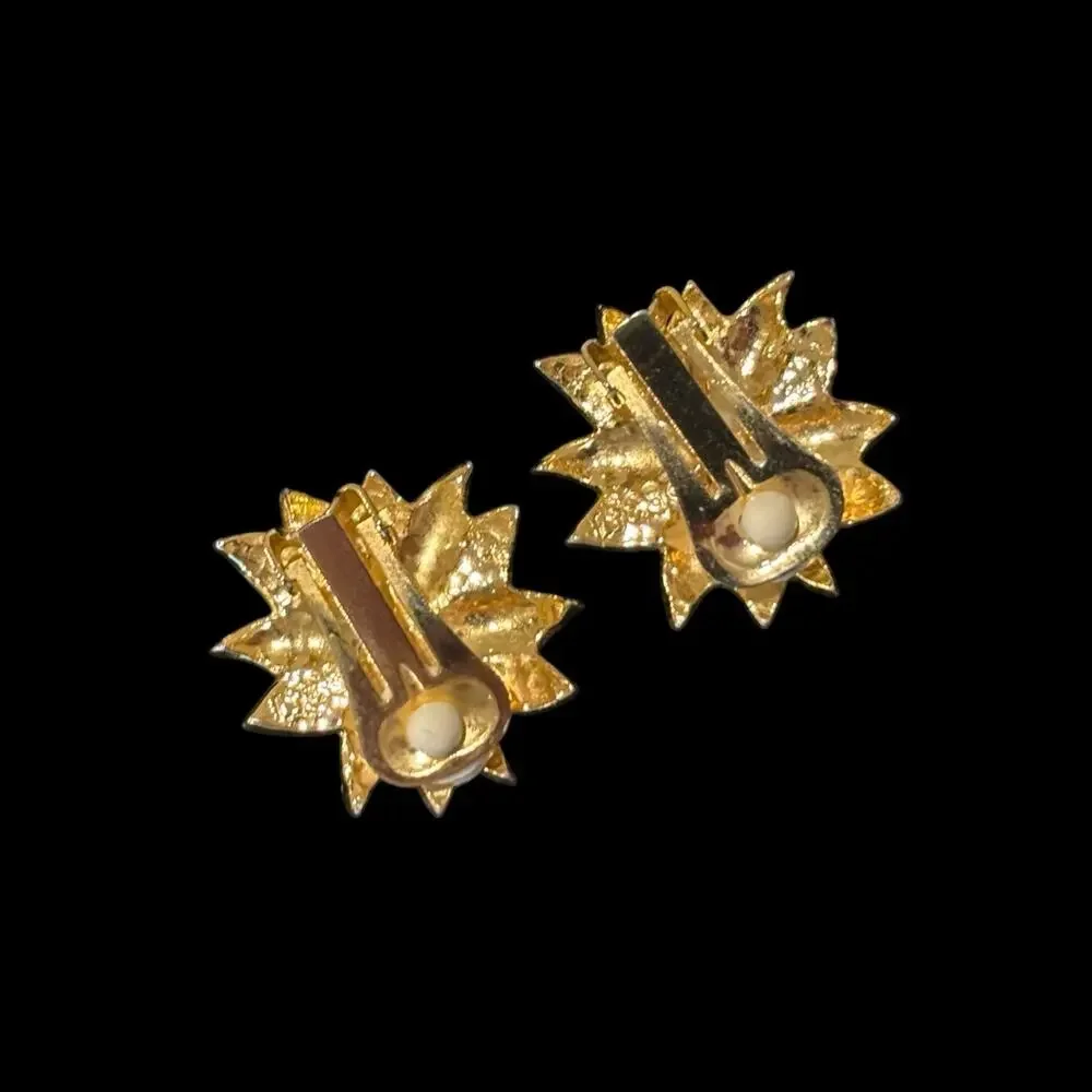 Vintage Red Enamel Poinsettia Flower Clip On Earrings Gold Tone CZ Christmas