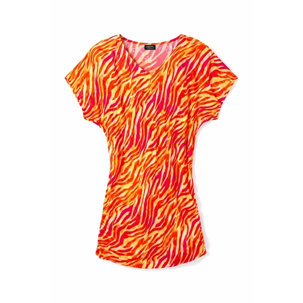 Carmen Marc Valvo Zebra Print‎ Cover Up Dress Orange Pink Swim Kaftan Tunic M L