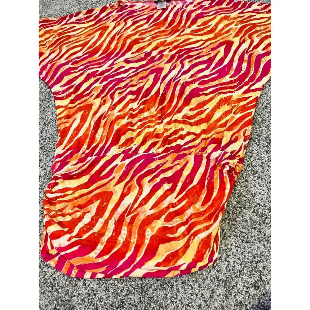 Carmen Marc Valvo Zebra Print‎ Cover Up Dress Orange Pink Swim Kaftan Tunic M L
