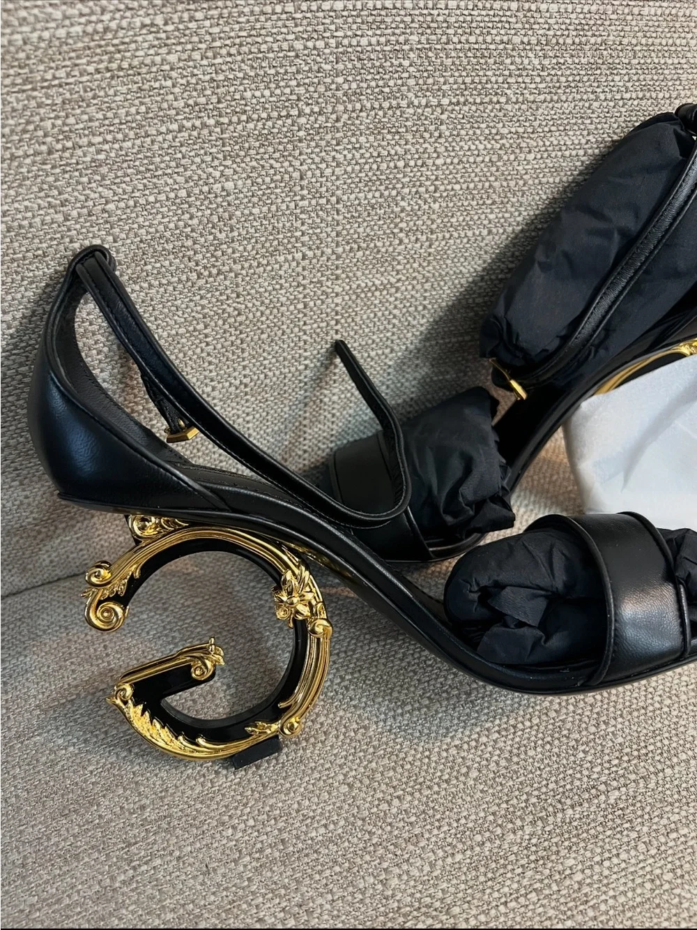 Dolce & Gabbana Black Leather Sandals with Ornate Gold Scroll Heels
