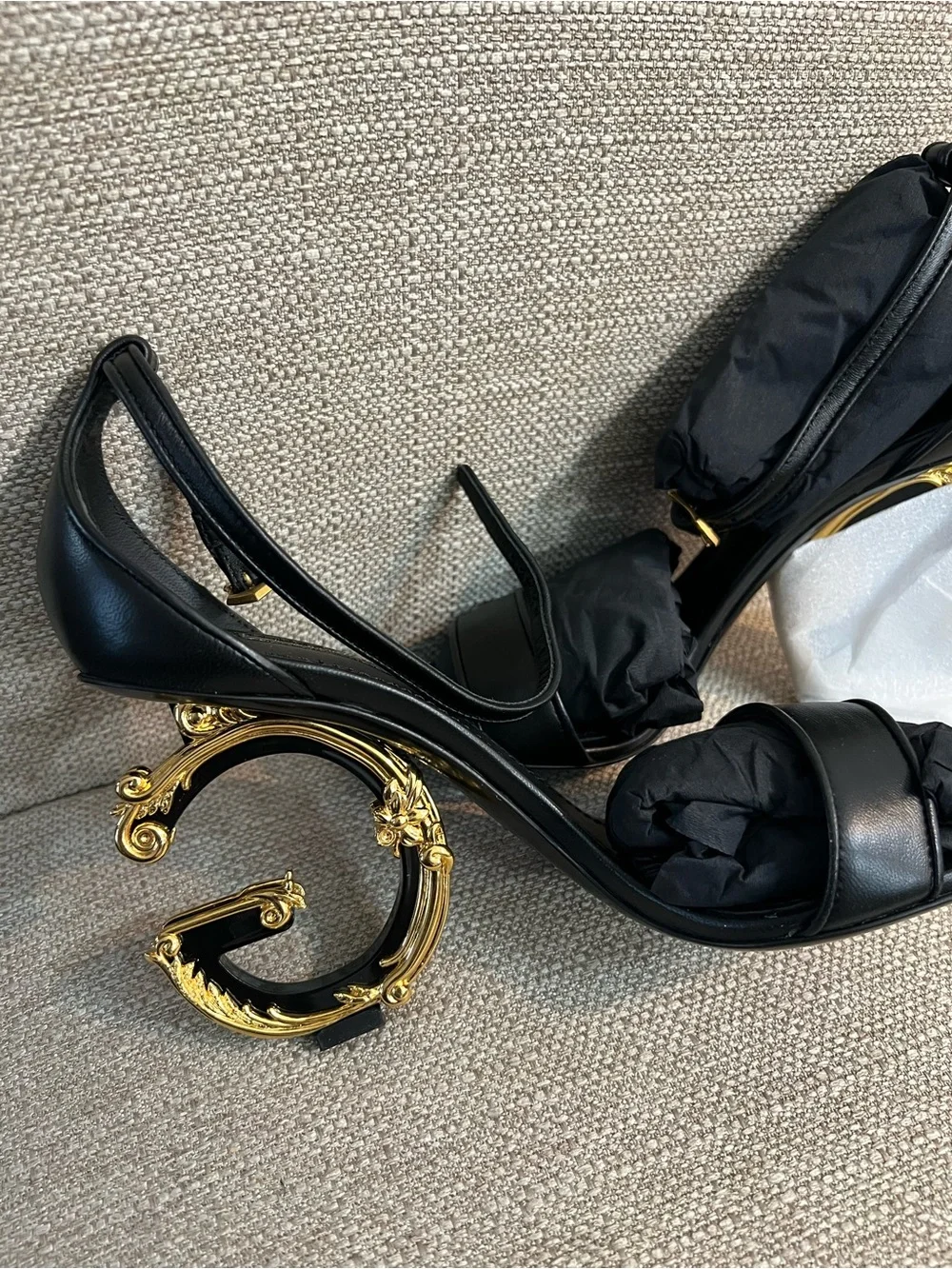 Dolce & Gabbana Black Leather Sandals with Ornate Gold Scroll Heels