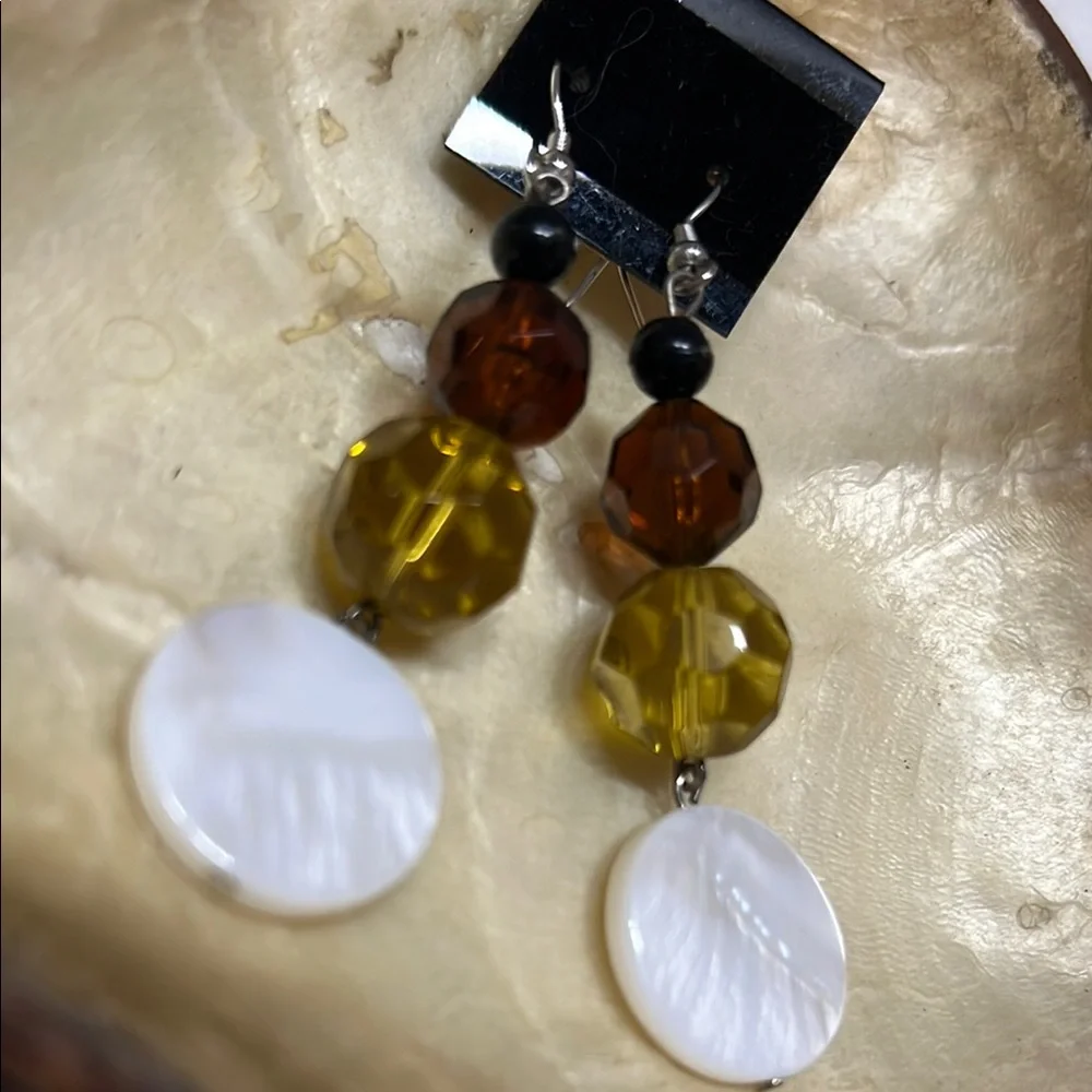 Elegant Glass & mother of‎ Pearl& Brown Dangle Earrings