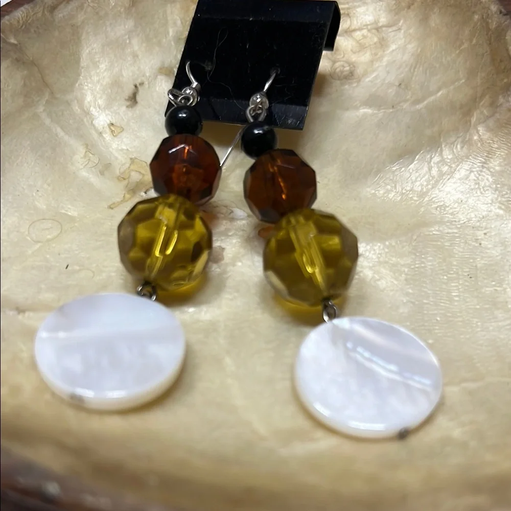 Elegant Glass & mother of‎ Pearl& Brown Dangle Earrings