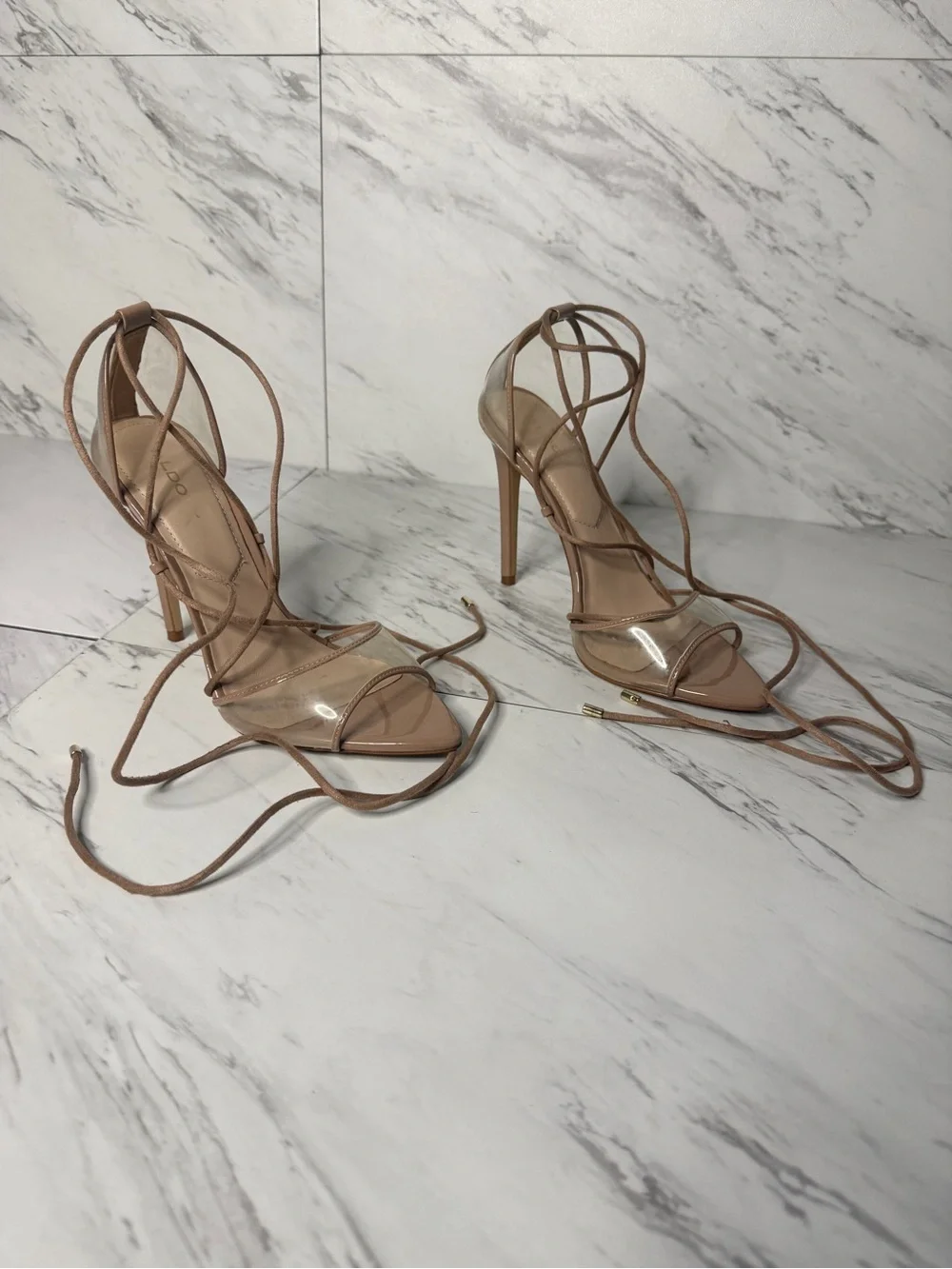 Aldo Amenabar Nude Clear Strappy Lace Up Stiletto Heeled Sandal Size 8