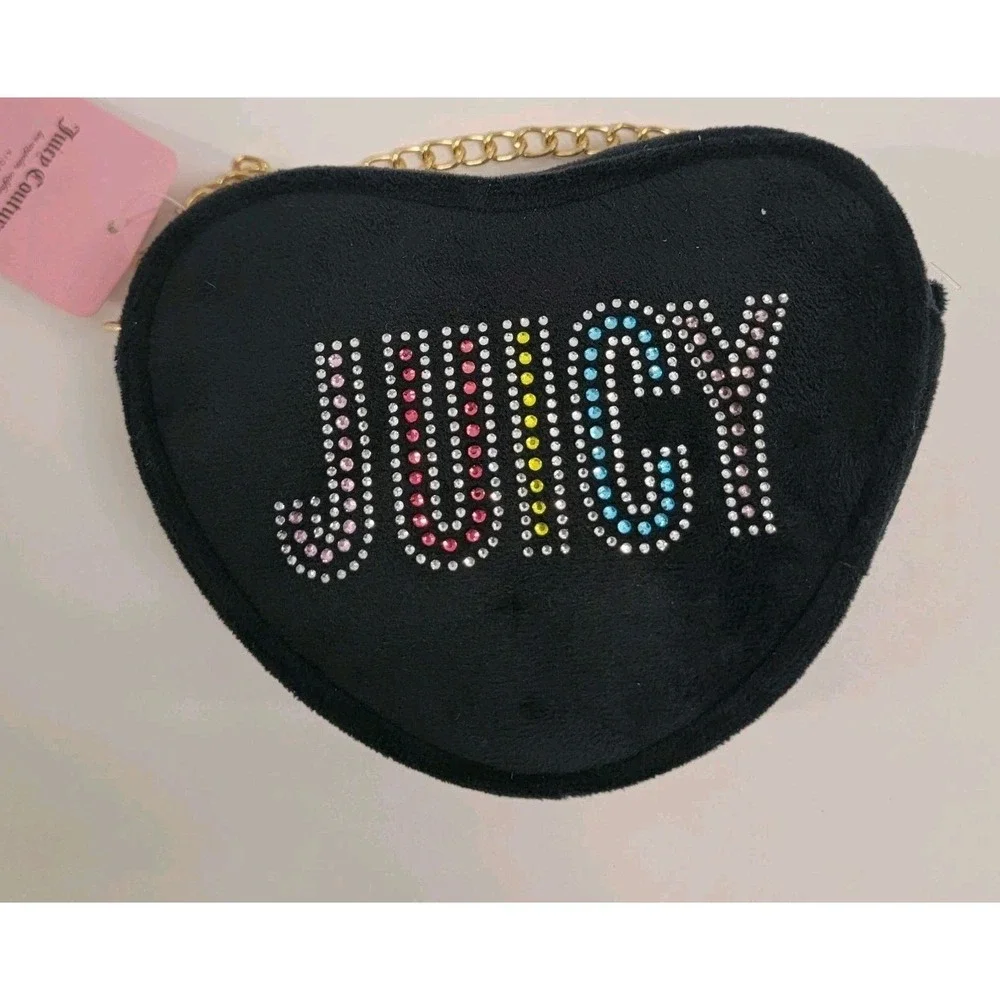 NEW! JUICY COUTURE Kids Faux Fur Heart Shoulder Bag Black Colorful Rhinestones‎