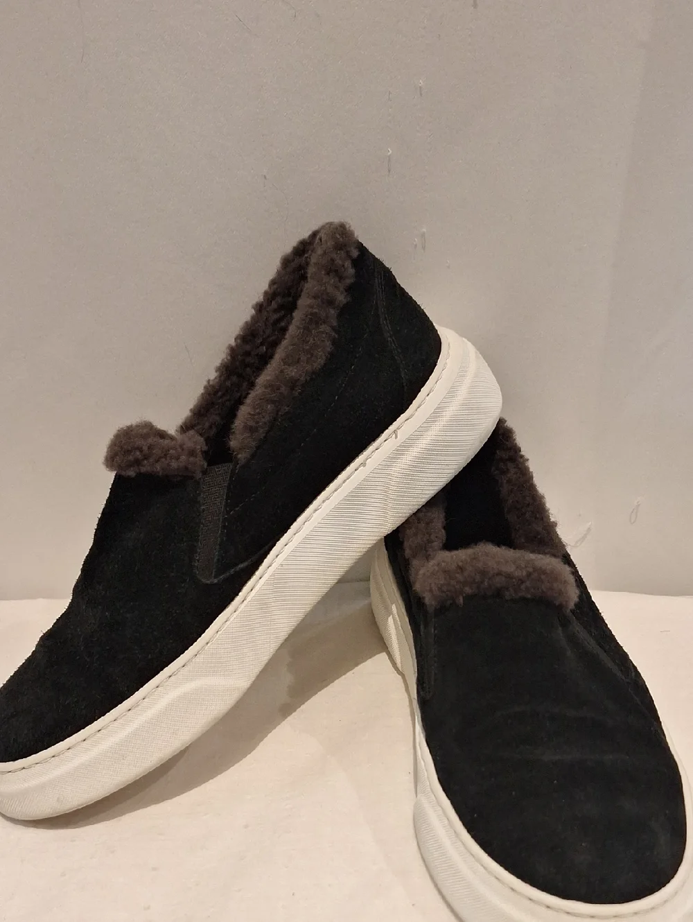 M.  GEMI Women's Black Suede Slip-On Sneakers with Gray Faux Fur Lining