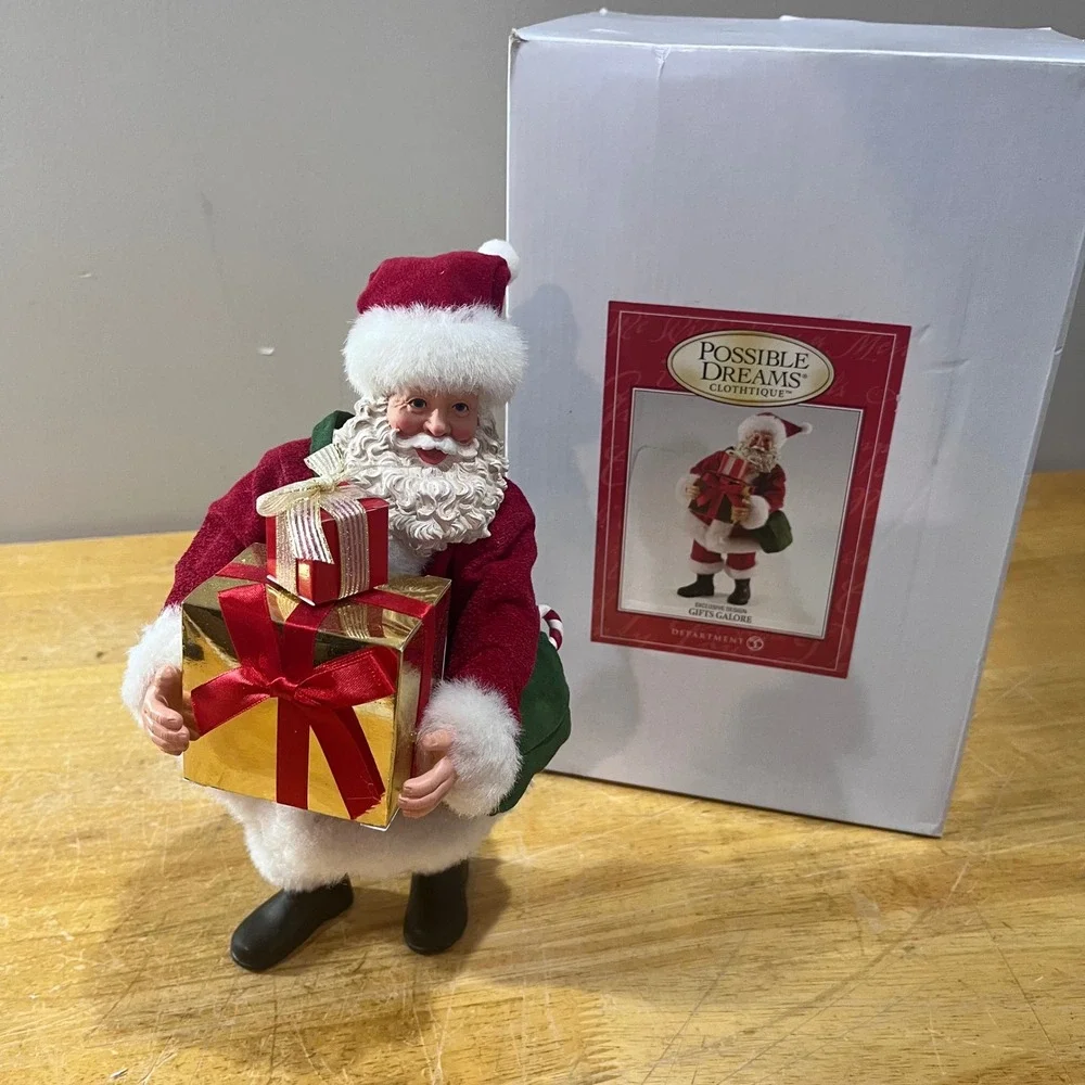 Vtg Possible Dreams Clothtique Santa Gifts Galore Dept 56 Figurine Red Gold Box
