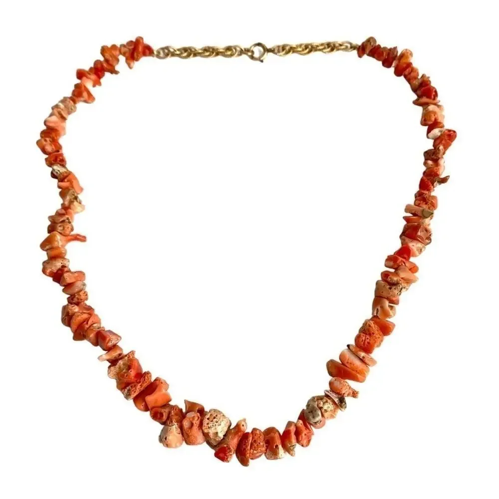 Vintage Coral Necklace Beaded Nugget Chip‎ 12K Gold Fill 60s Retro Estate Piece