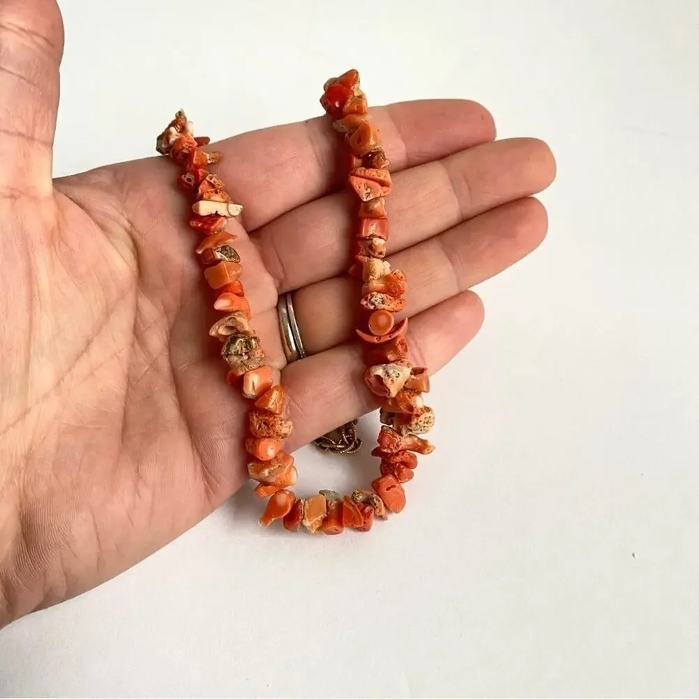 Vintage Coral Necklace Beaded Nugget Chip‎ 12K Gold Fill 60s Retro Estate Piece