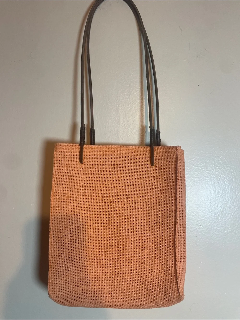Handwoven Peach Tote with Dark Brown Handles