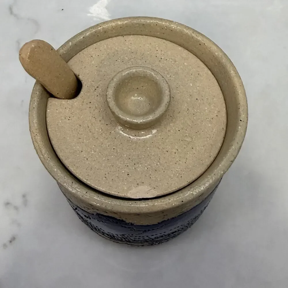 Sylvia Lawson NC Pottery Blue Sgrafitto Condiment Jar Lid Spoon Pilot Mountain