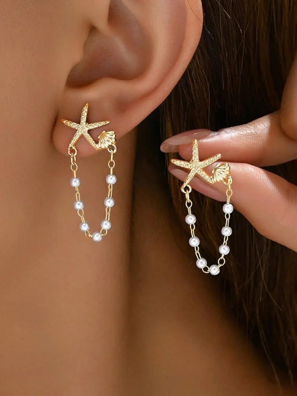 Gold Boho Women's Delicate Earrings With Random Pearl