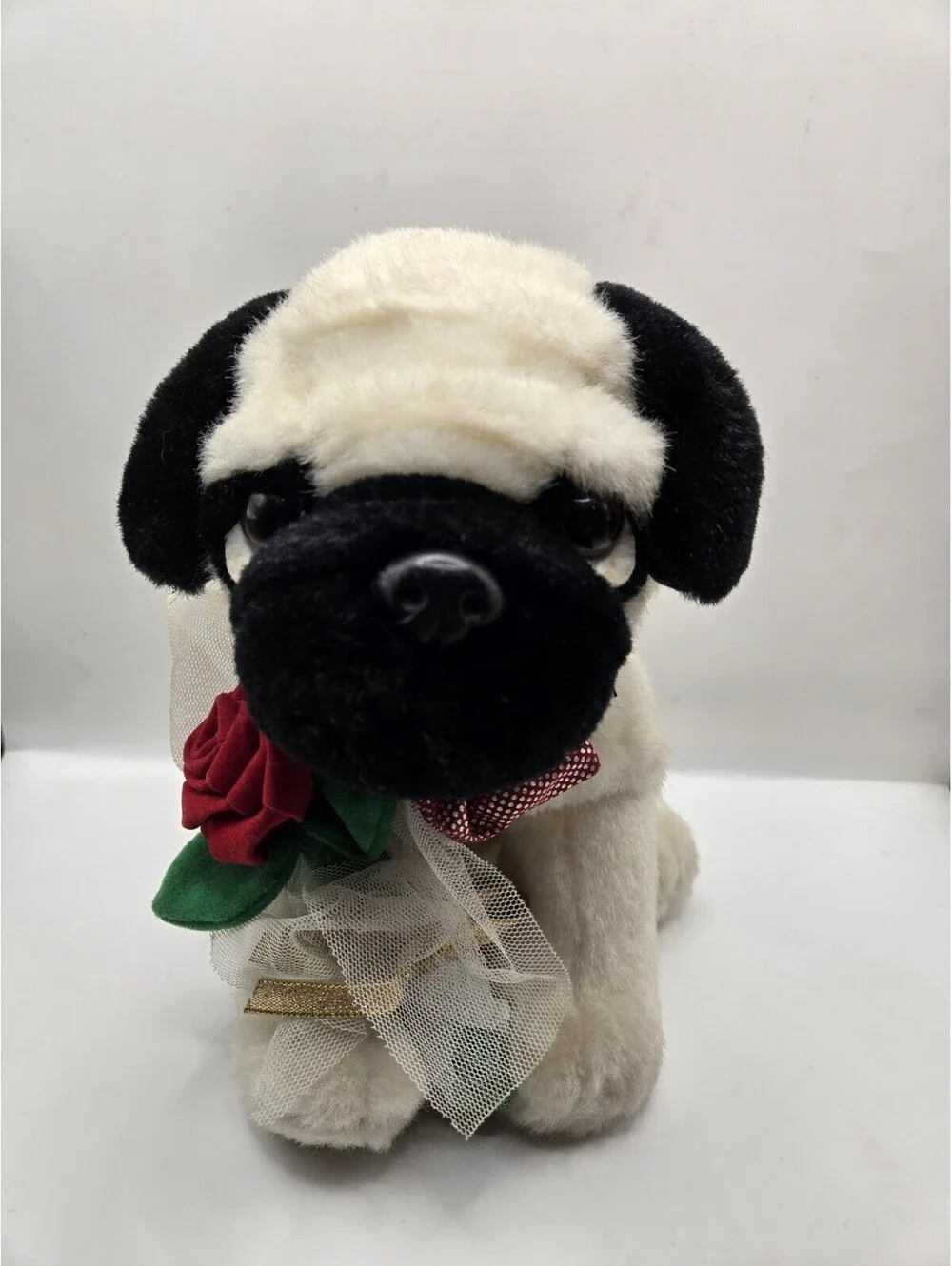Walmart stores 9” white black Red Rose Puppy Dog Eyes Plush Stuffed Animal Toy