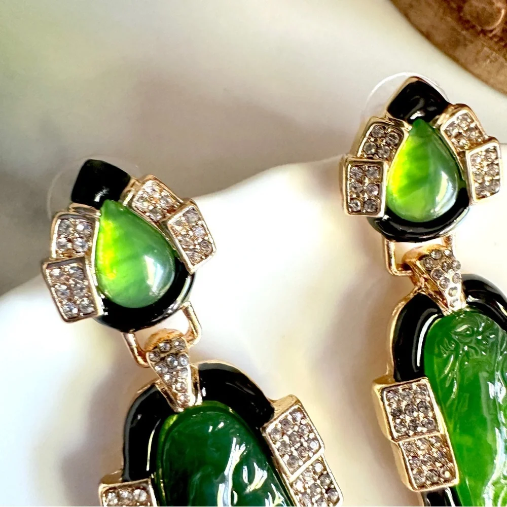 Vintage Style Faux Jade Inlaid Bird Earrings Chinese Art Deco Asian Gift NEW