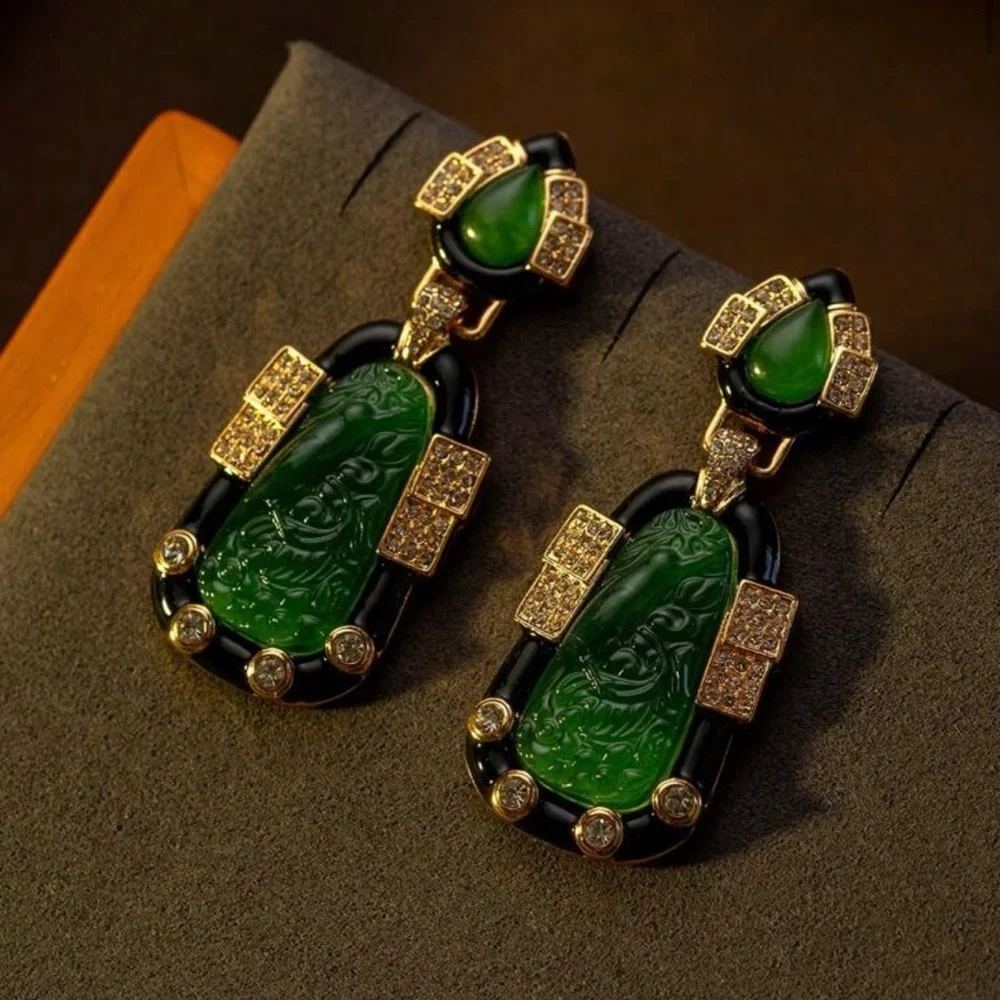 Vintage Style Faux Jade Inlaid Bird Earrings Chinese Art Deco Asian Gift NEW