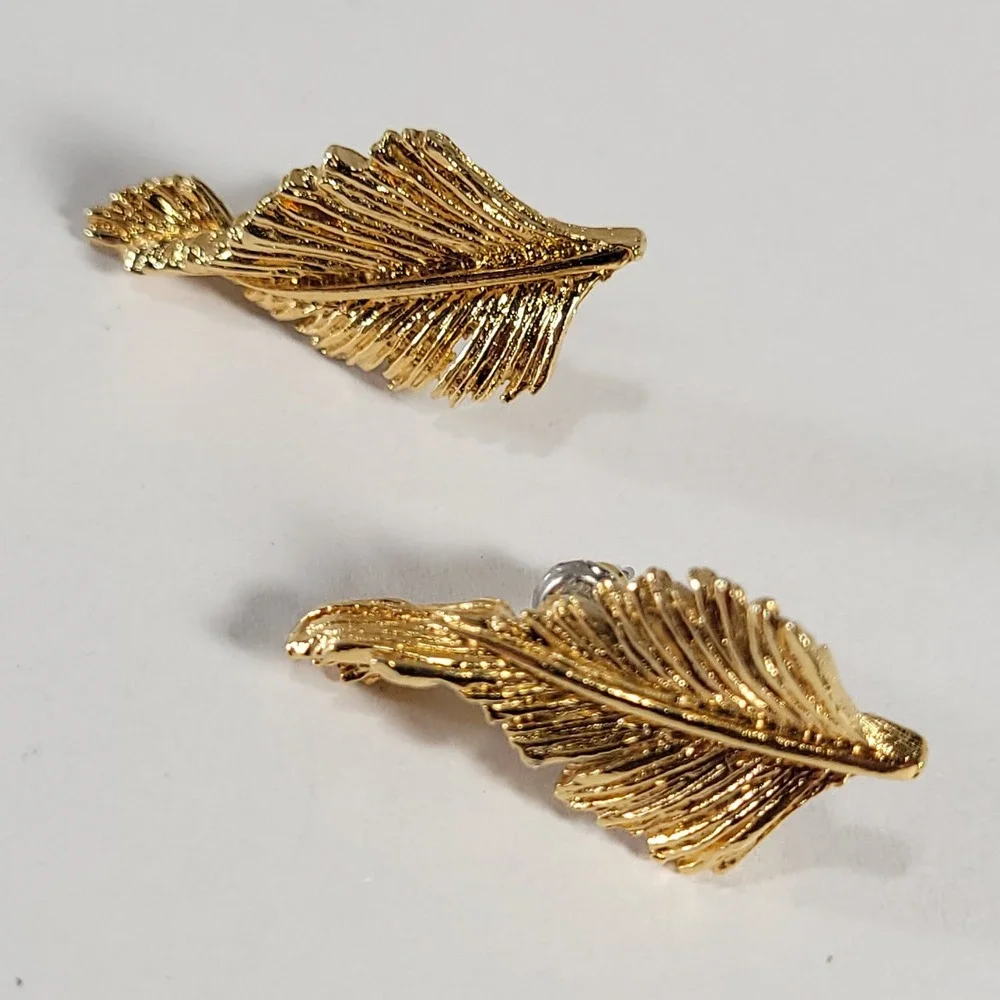 Gold Leaf Stud Earrings Gold Textured Botanical Plume Costume Jewelry