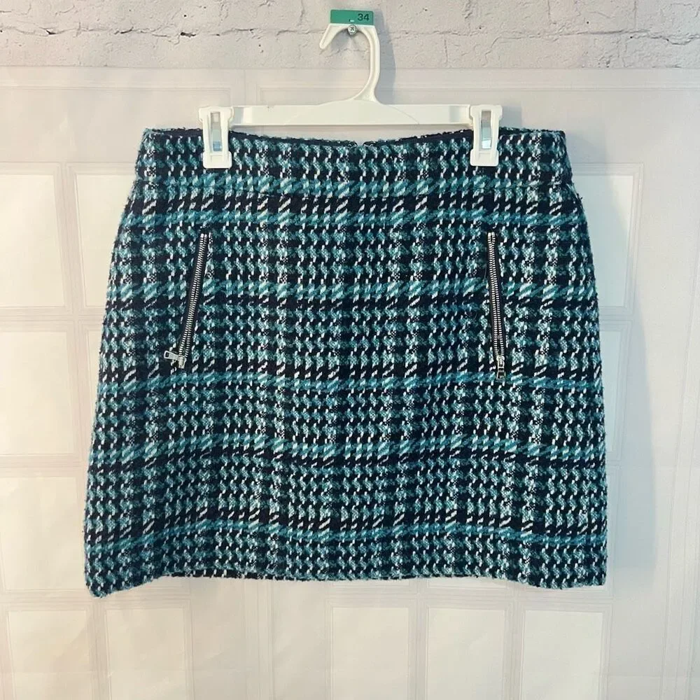 Loft blue teal tweed zipper pockets mini skirt size 12