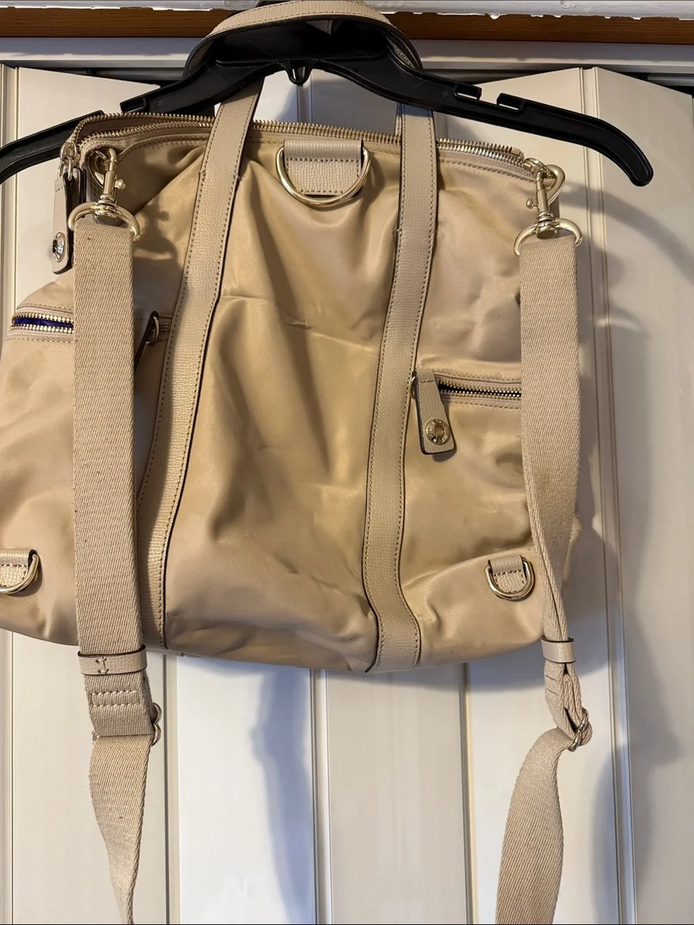 henri bendel beige nylon backpack tote with gold-tone lock