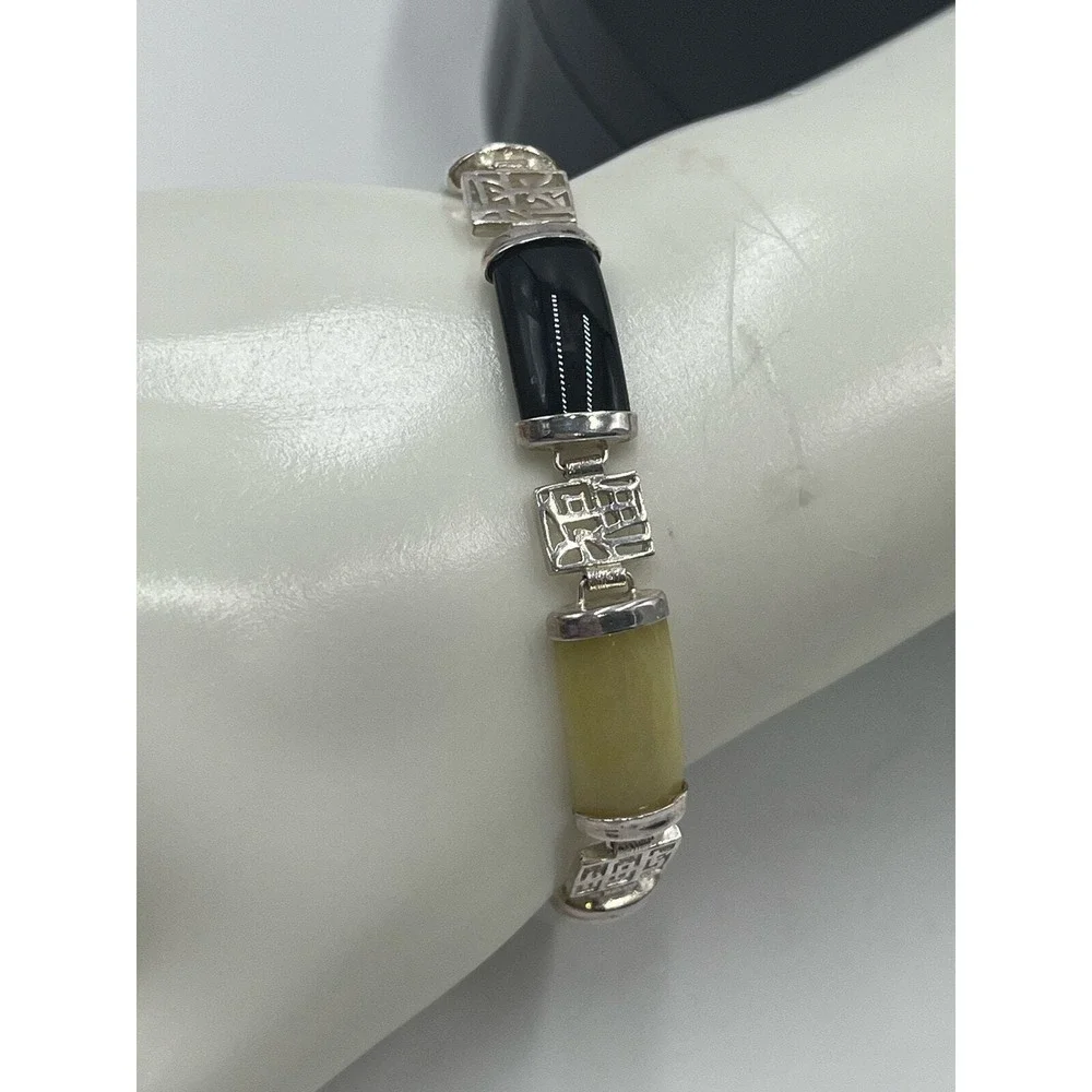 Vintage 1960's Signed Chinese Jadeite Sterling Panel Link Bracelet 7.5