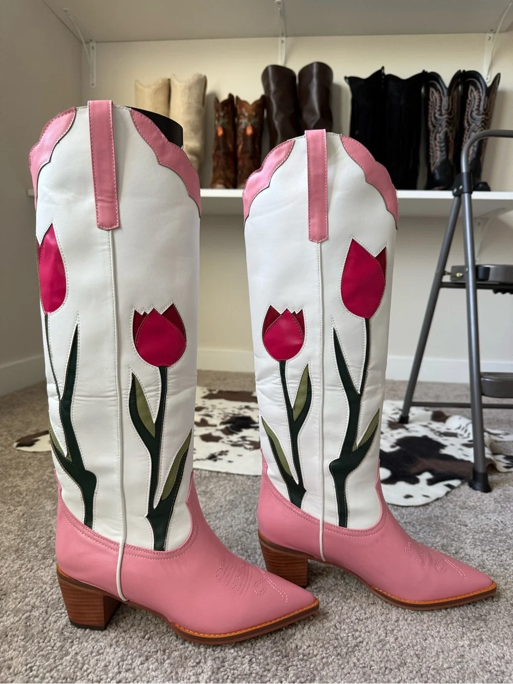 Women's Pink & White Floral Western Knee-High Boots