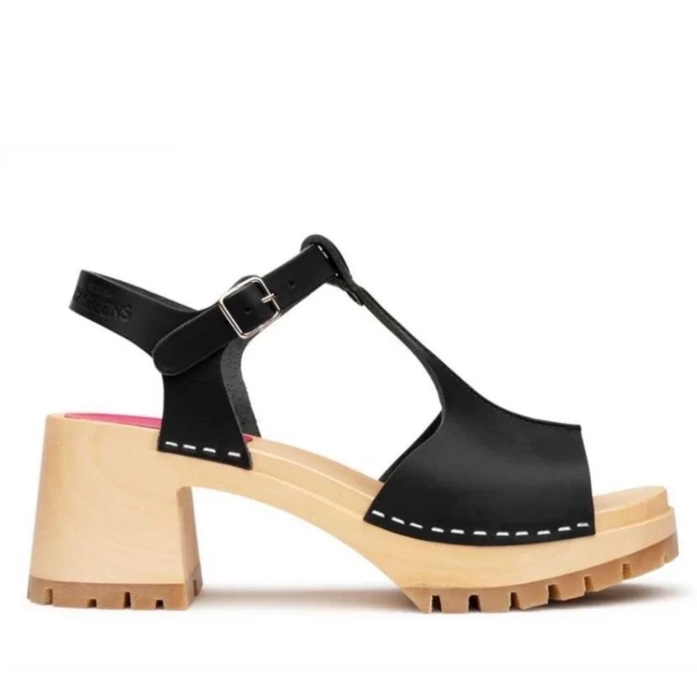 Swedish Hasbeens Stitched Tracta Black Leather Platform‎ Sandals Size 40