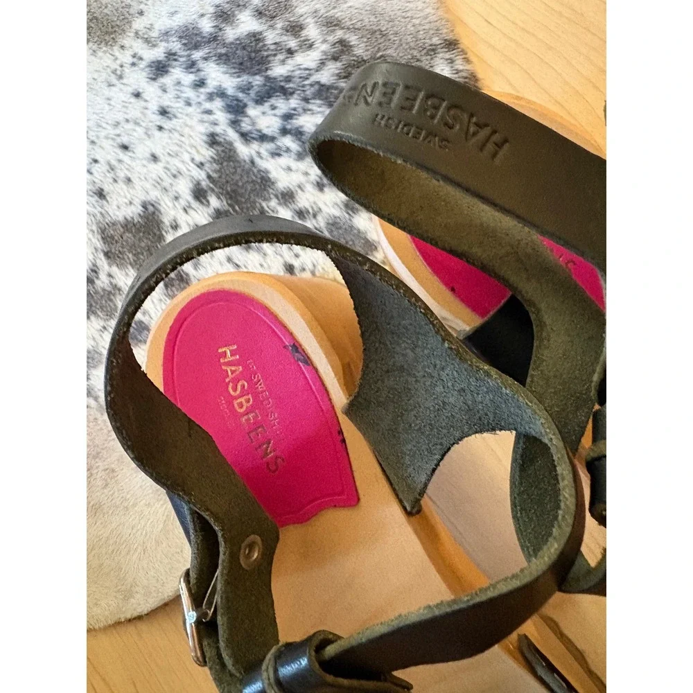 Swedish Hasbeens Stitched Tracta Black Leather Platform‎ Sandals Size 40
