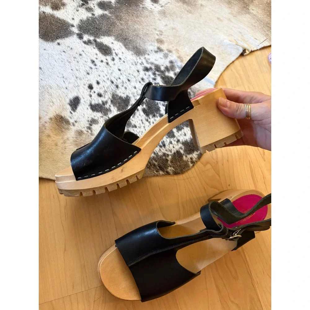 Swedish Hasbeens Stitched Tracta Black Leather Platform‎ Sandals Size 40