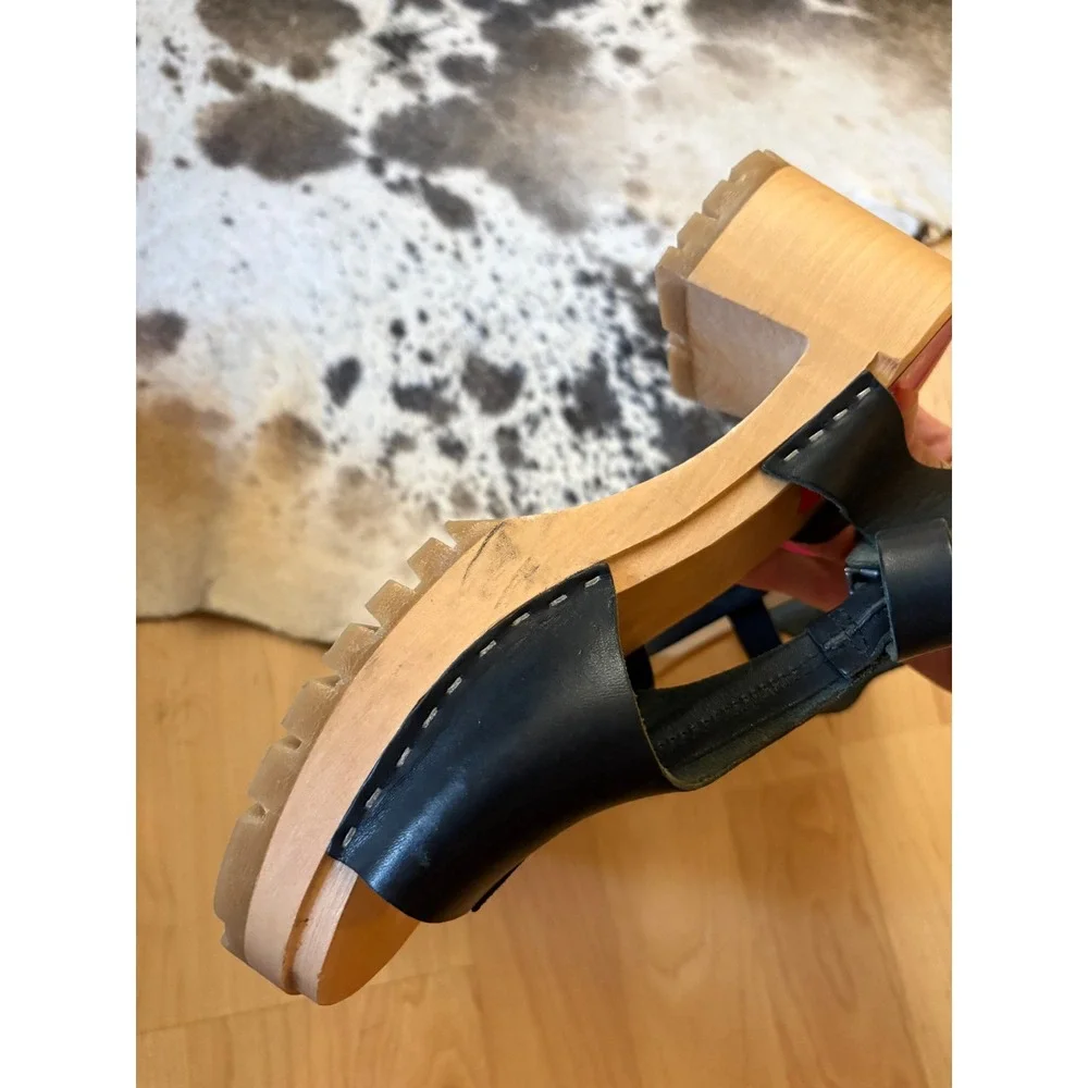 Swedish Hasbeens Stitched Tracta Black Leather Platform‎ Sandals Size 40